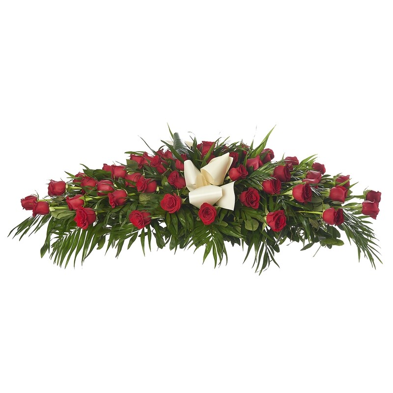 Cubre féretro de rosas rojas